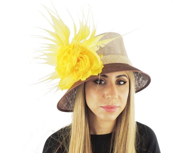 Beige Brown Yellow Feather Small Hat 