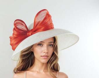 White Scarlet Red Elegant Kentucky Derby Hats Ascot Church Race Day Tea Garden Party Wide Brim Wedding Formal Occasion Woman Bow