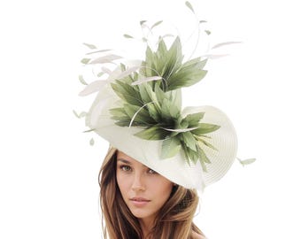 Cream Ivory Off WHite Ecru Olive Green Kentucky Derby Fascinator Hat Saucer Disc Tea Party Garden Horse Race Feather Ascot Wedding Hatinator