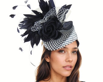 Ascot Derby Fascinator Hut Marine Dunkel Blau Elfenbein Percher Pillbox Frau Garten Teeparty Hochzeit Cocktail Stirnband Damen Luncheon