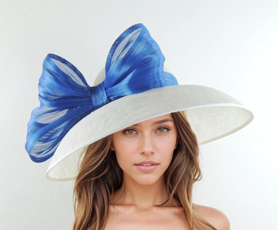 White Royal Blue Elegant Kentucky Derby Hats Ascot Church  display picture 2
