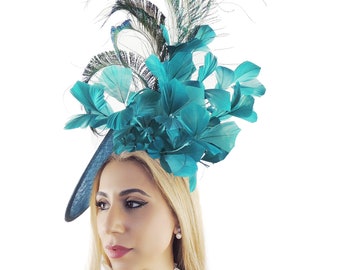 Jade Peacock Green Statement Fascinator Hatinator Hat Kentucky Derby Oaks Ladies Royal Ascot Weddings Garden Cocktail Tea Headpiece Church