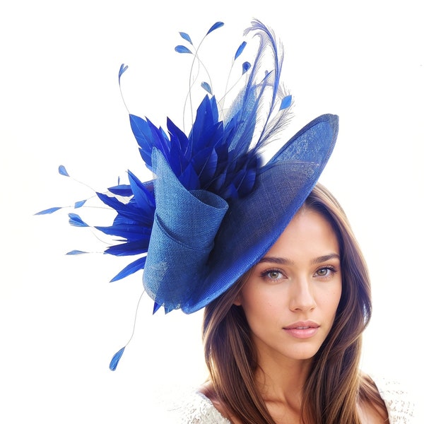 Royal Dark Blue Womens Kentucky Derby Hat Wedding Ascot Fascinator Headpiece Church Cocktail Tea Ladies Day Headband Hatinator Statement Hat