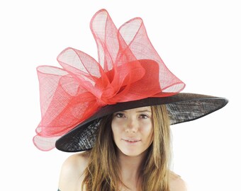 Black \u0026 Red Biffo Bow Hat for Weddings 