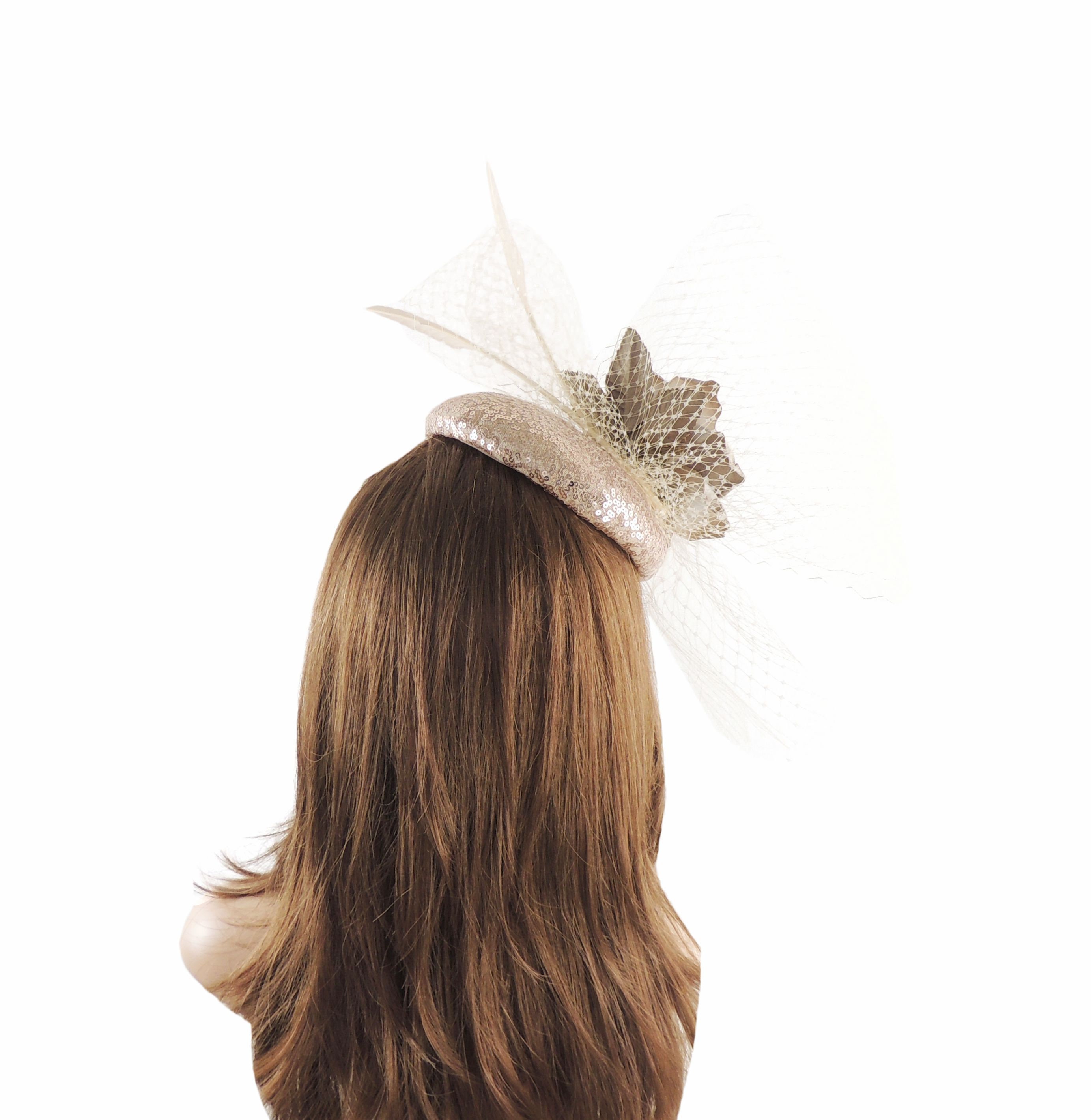 Gold Beige Sequin Pillbox Fascinator Hat With Rose and 