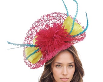 Fuchsia Pink Yellow Turquoise Kentucky Derby Fascinator Hat Ascot Statement Wedding Races Headband **Handmade to Order Any Colour**