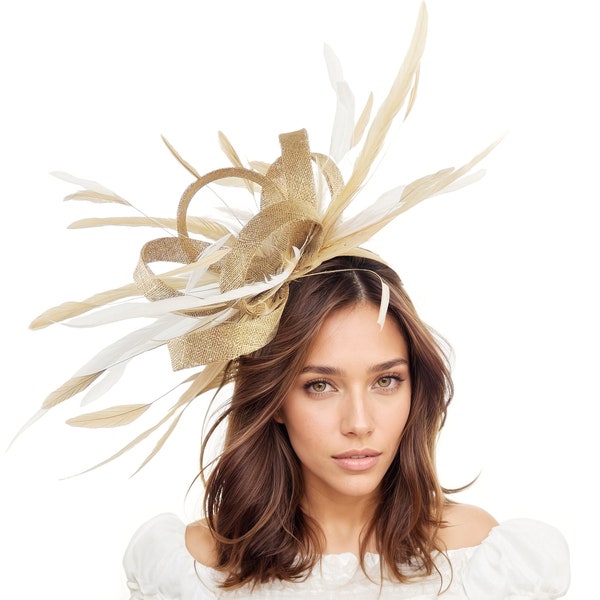 Gold Ascot Fascinator,Cream Kentucky Derby Hat,Hat For Woman,Gold Church Hat,Off White Wedding Hat,Gold Tea Party Hat,Cocktail,Headpiece Hat