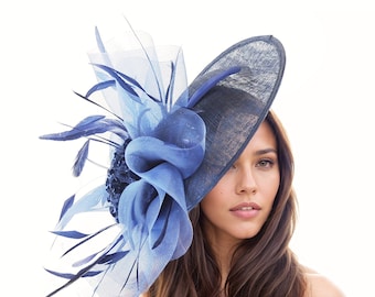 Navy Blue Large Feather Fascinator Hat Headband for Kentucky Derby Oaks Ascot Races Weddings Tea Party Lunch Occasions Woman