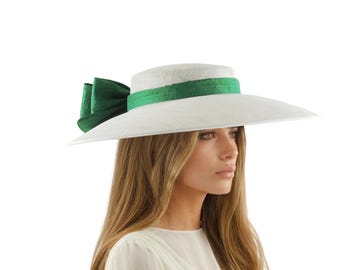White Emerald Green Statement Boater Hat: Handmade Sinamay Cartwheel Fascinator for Weddings, Races