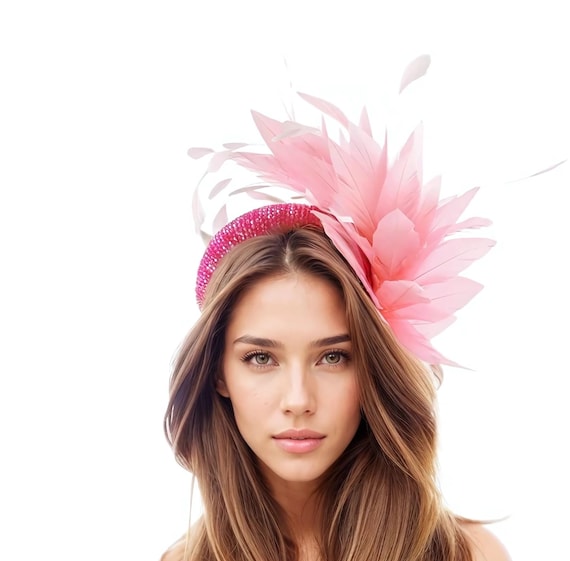 Hot Pink Candy Pink Crystal Feather Kentucky Fascinator  display picture 2