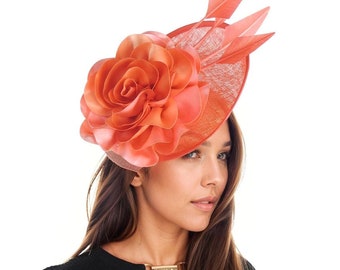 Coral Pink Womens Kentucky Derby Fascinator Hat Wedding Sinamay Hats Ladies Ascot Fascinator Headband Feather Headpiece Fancy Cocktail Hats