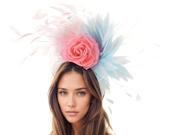 Pink Kentucky Derby Hat, Baby Blue Hot Pink Fascinator, Feather Fascinator, Pink Ascot Hat, Pink Wedding Hat, Blue Tea Party Hat, Hat Woman