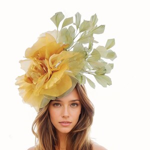 Old Gold Olive Green Kentucky Derby Ascot Fascinator Hat Floral Rose Headband Race Day Outfit Headwear Tea Party Polo Wedding Formal Oaks