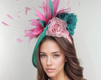 Jade verde caliente rosa platillo disco Kentucky Derby Fascinator sombrero Ascot boda Hatinator cóctel formal mujeres carreras té fiesta sombreros