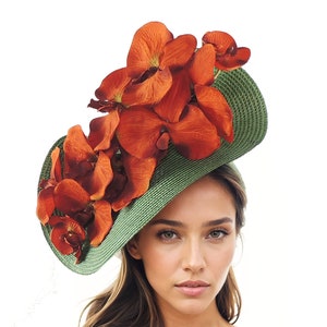 Forest Dark Green Burnt Orange Ladies Ascot Fascinator Headband Womens Kentucky Ky Derby Hats Headpiece Ladies Day Headwear Occasion Wedding