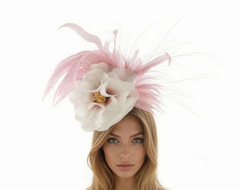 Elegant Pink Floral Feather Fascinator Headband Statement Kentucky Derby Oaks Hot Pink & Blush Feather Fascinator Headband | Statement  main image 2