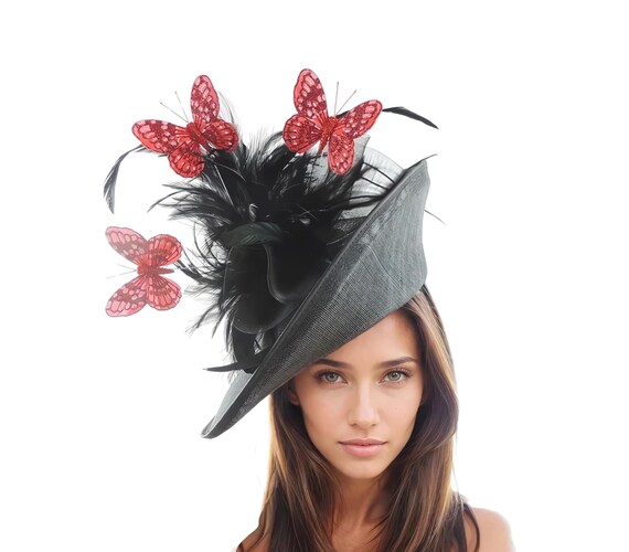 Elegant Black and Red Fascinator Kentucky Derby Church Tea Formal Headwear Hat Red w Black Wide Brim Kentucky Derby Hat, Church Hat  main image 4