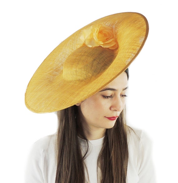 Hatsbycressida Old Gold Yellow Olga Feather Free Large Saucer Fascinator Hat for Kentucky Derby, Oaks, Weddings and Parties on A Headband (in 10 Colours)