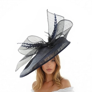 Navy Blue Black Sinamay Fascinator Hat: Feather Bow Kentucky Derby Ascot Headwear