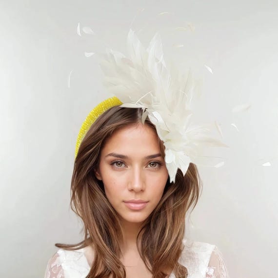 Lemon Bright Yellow Crystal Feather Kentucky Fascinator 