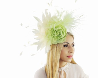 Lime Green Cream Feather Kentucky Derby Fascinator Hat Wedding Cocktail Garden Party Ascot Formal Occasion Races Ladies Day Woman Headwear