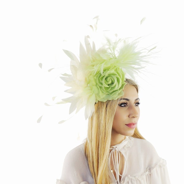 Lime Green Cream Feather Kentucky Derby Fascinator Hat Wedding Cocktail Garden Party Ascot Formal Occasion Races Ladies Day Woman Headwear