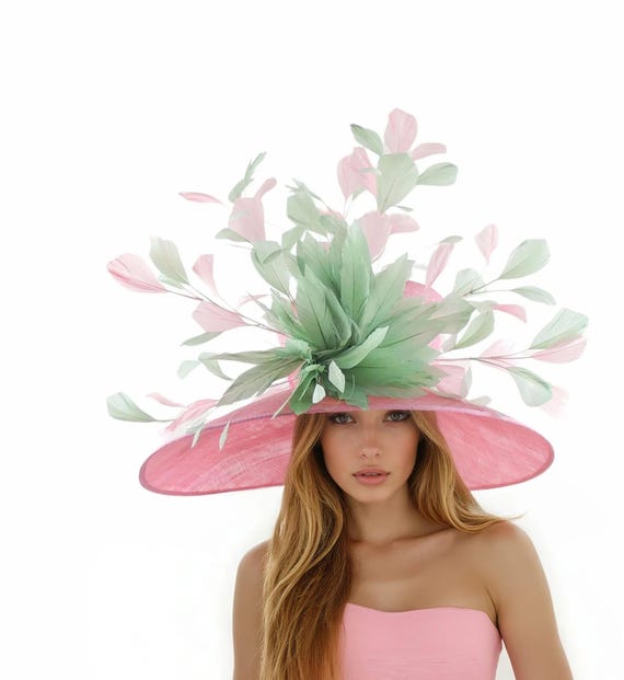 Candy Pink Sage Green Kentucky Derby Hat Wide Brim Elegant  display picture 3