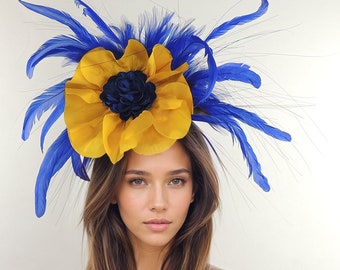 Mustard Yellow Floral Fascinator Hats Women,Royal Blue KY Derby Hat,Blue Ascot Hat,Gold Flower Wedding Hat,Yellow Cobalt Blue Tea Party Hat