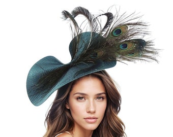 Verde azulado pavo real declaración Hatinator mujeres Kentucky Derby sombreros boda Royal Ascot Fascinator tocado Jade señoras día sombrero sombrero