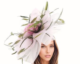 Pink Olive Green Hatinator Fascinator Royal Ascot Kentucky Derby Melburne Cup Dubai Wedding Cocktail Party Ladies Day Headpiece Headwear Hat