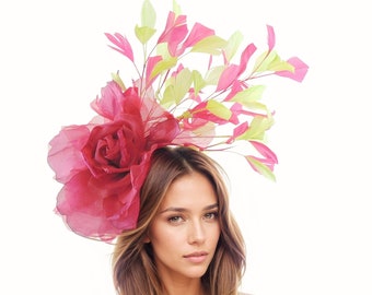 Fuchsia Pink Lime Green Royal Ascot Fascinator Hat Wedding Woman Race Tea Party Formal Occasion Hats Kentucky Derby Oaks Headband Ladies Day