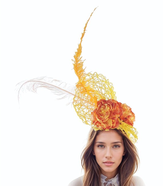 Orange Ascot Fascinator Hat Kentucky Derby Oaks Race Day Tea  display picture 3