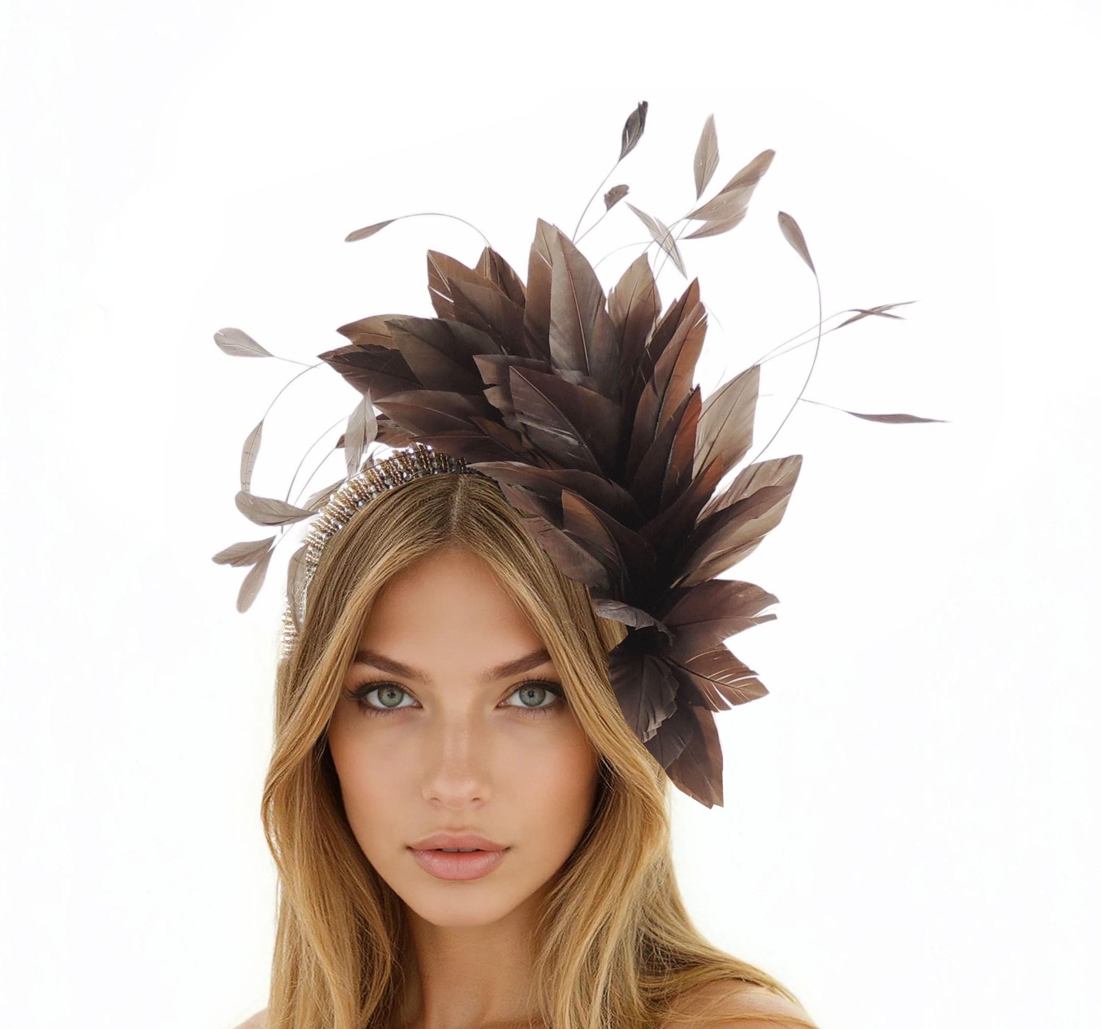 Chocolate Brown Feather Fascinator Headband with Gold Crystals - Derby, Wedding, Formal Event Accessory