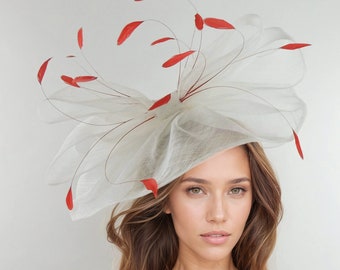 White Red Kentucky Derby Hat,Scarlet Ascot Hat,Ivory Fascinator,Formal Occasion Hat,Wedding Guest Hat,Races Headwear Headband Fascinator Hat