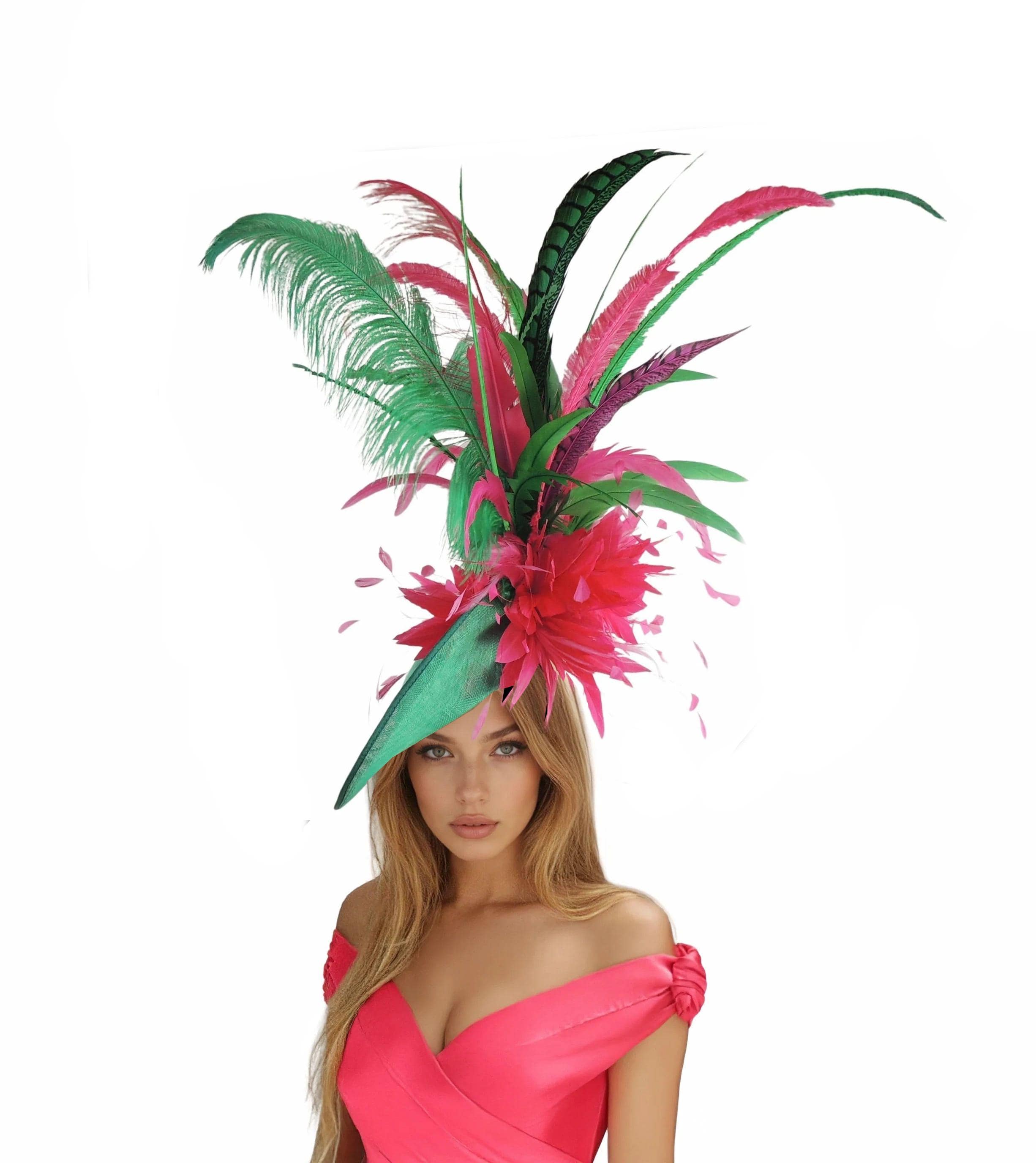 Large Fuchsia Hot Pink Emerald Green Kentucky Derby Hat 