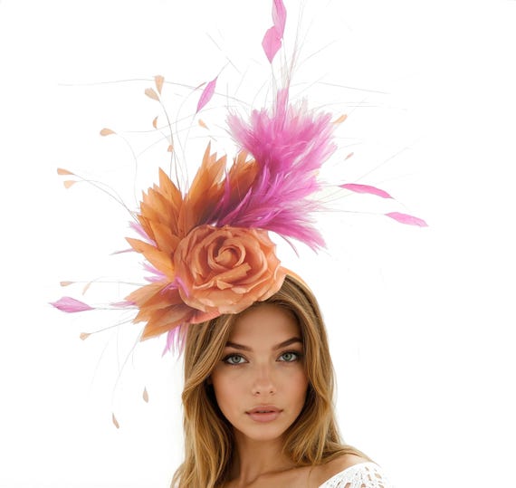 Cerise Pink Orange Feather Kentucky Derby Fascinator Hat  display picture 1