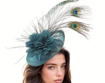 Teal Green Peacock Womens Kentucky Derby Fascinator Hat Wedding Sinamay Hats Ladies Ascot Fascinator Headband Feather Headpiece Cocktail Hat