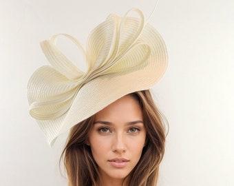 Cream Ivory Off White AScot Kentucky Derby Fascinator Hat Weddings Custom Designer Statement Hair Headpiece Bow Veil Formal Occasion Races
