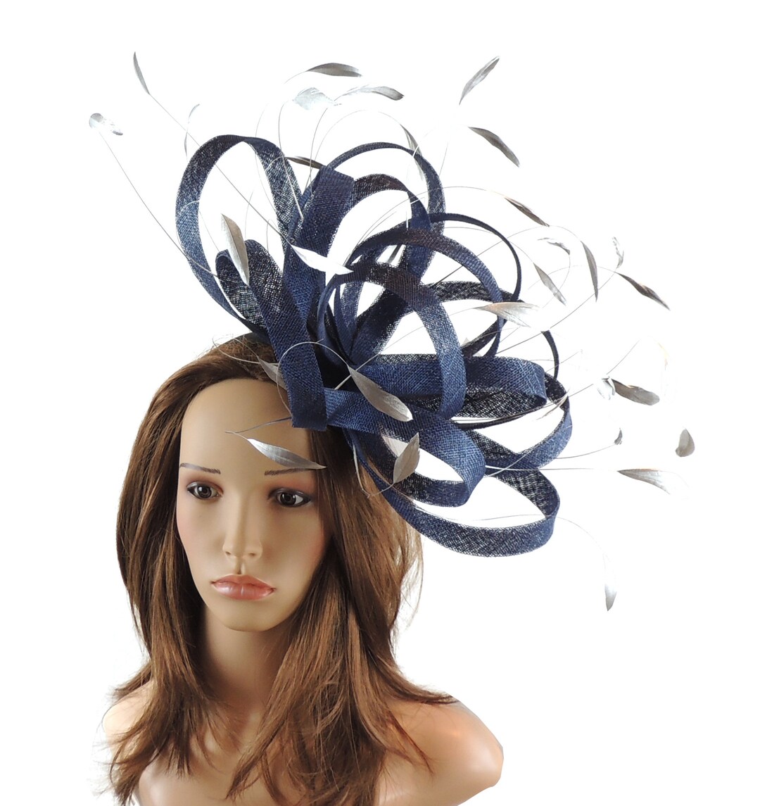 Navy Metallic Silver Feather Statement Fascinator Hatinator Hat