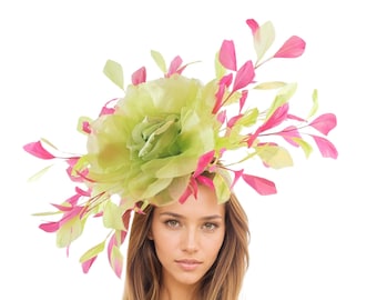 Lime Green Fuchsia Pink Royal Ascot Fascinator Hat Wedding Woman Race Tea Party Formal Occasion Hats Kentucky Derby Oaks Headband Ladies Day