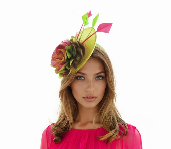 Lime Green Fuchsia Pink Womens Kentucky Derby Fascinator Hat  display picture 2