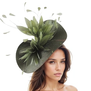 Olive Forest Green Saucer Disc Kentucky Derby Fascinator Hat Royal Ascot Wedding Guest Cocktail Formal Womens Ladies Race Day Tea Party