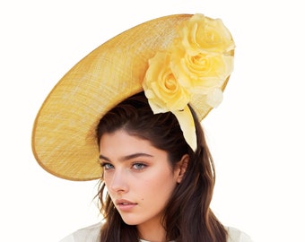 Oro viejo Amarillo Kentucky Derby Sombreros Royal Ascot Church Damas Carrera Té Fiesta en el jardín Ala ancha Boda Ocasión formal Declaración de mujer personalizada