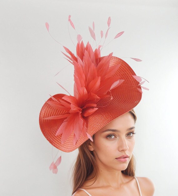 Coral Orange Saucer Disc Kentucky Derby Fascinator Hat Royal 