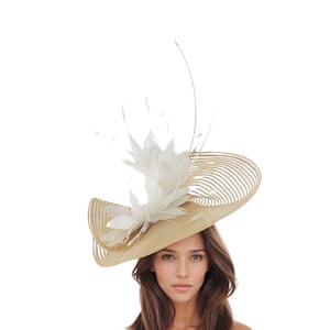 Gold Feather Hat, Cream Kentucky Derby Fascinator Hats, Church Wedding Hat,Races Ascot,Gold Mother of Bride Hat, Ivory Tea Party Hat