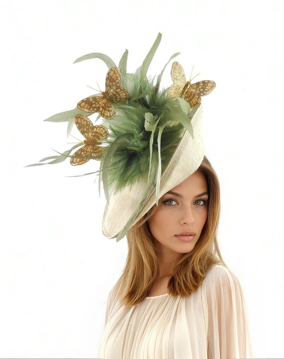 Cream Olive Green Gold Kentucky Derby Hat Saucer Hatinator  display picture 3