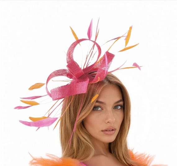 Hot Pink Fuchsia Orange Kentucky Derby Fascinator Hat Ascot  display picture 2