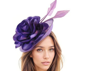 Purple Lilac Womens Kentucky Derby Fascinator Hat Wedding Sinamay Ladies Ascot Fascinator Headband Feather Headpiece Hats Formal Occasion