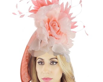 Coral Pink Ladies Ascot Fascinator Headband Womens Kentucky Derby Hats Feather Headpiece Ladies Day Headwear Royal Occasion Wedding Church