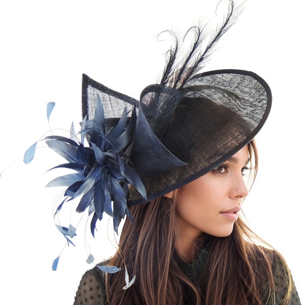 Marine dunkelblau Kentucky Derby Hüte Hochzeit Ascot Fascinator Statement Hatinator Damen Kopfschmuck Stirnband Kirche Cocktail Tee Kopfbedeckung Hut